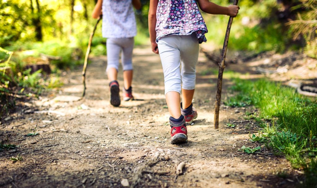 Children hiking in mountains or forest with sport hiking shoes. Girls are walking trough forest path wearing mountain boots and walking sticks. Frog perspective with focus on the shoes.